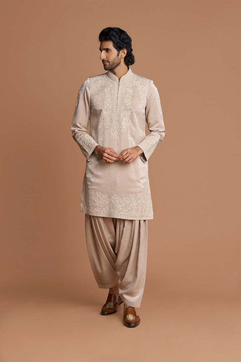 Beige Embroidered kurta with dhoti pant