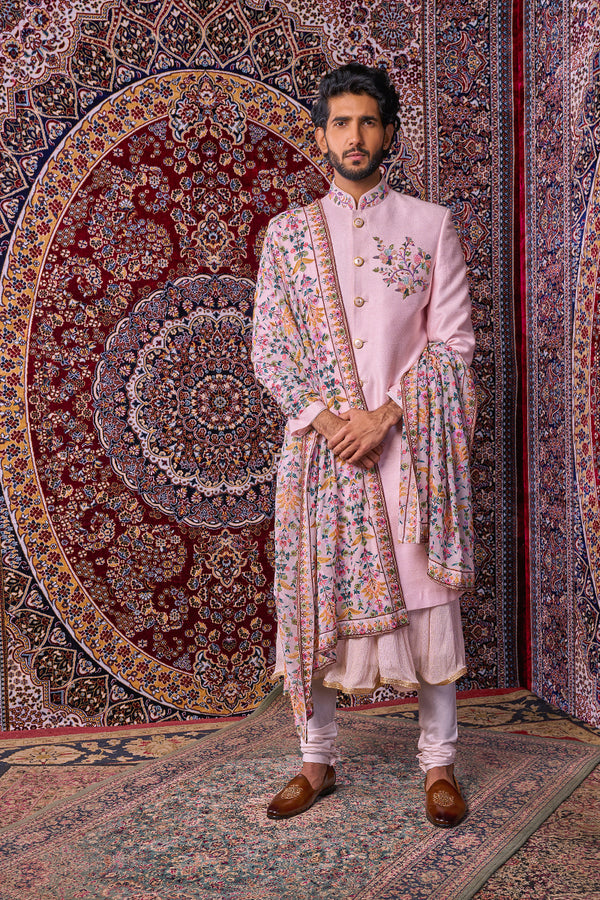 Self Texured Pink Silk Sherwani Set