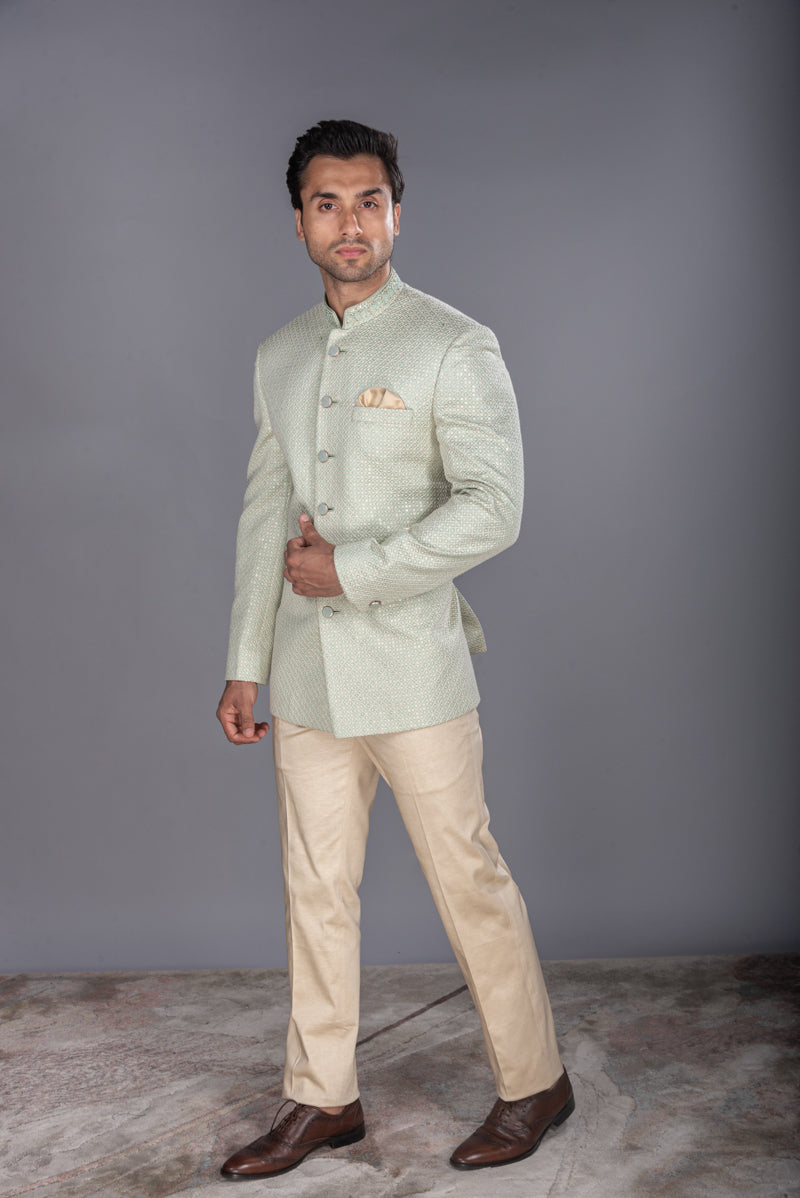 Dark Green Japanese Mix Polyester Embroidered Bandhgala Set Design by  Attire by kunal & Sid j at Pernia's Pop Up Shop 2024